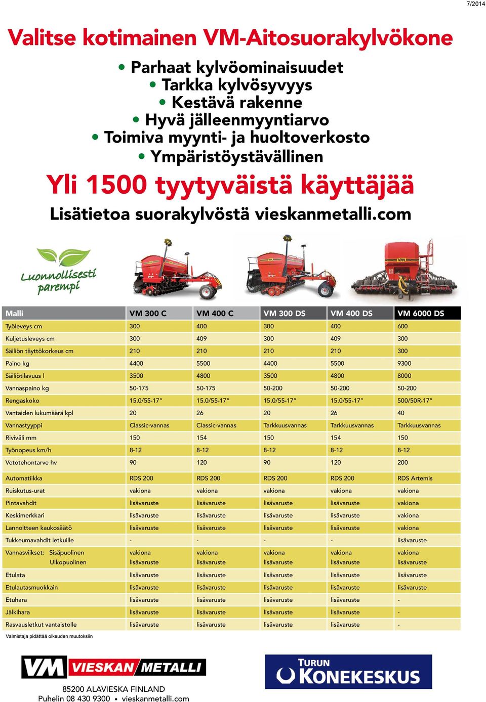 com Malli VM 300 C VM 400 C VM 300 DS VM 400 DS VM 6000 DS Työleveys cm 300 400 300 400 600 Kuljetusleveys cm 300 409 300 409 300 Säiliön täyttökorkeus cm 210 210 210 210 300 Paino kg 4400 5500 4400