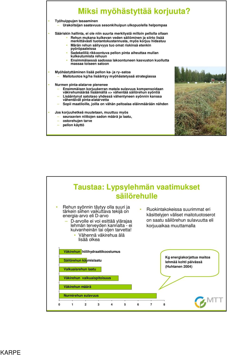 siirto lisää merkittävästi tuotantokustannusta, myös korjuu hidastuu Märän rehun säilyvyys tuo omat riskinsä etenkin pyöröpaaleissa Sadekelillä rikkoontuva pellon pinta aiheuttaa mullan kulkeutumista