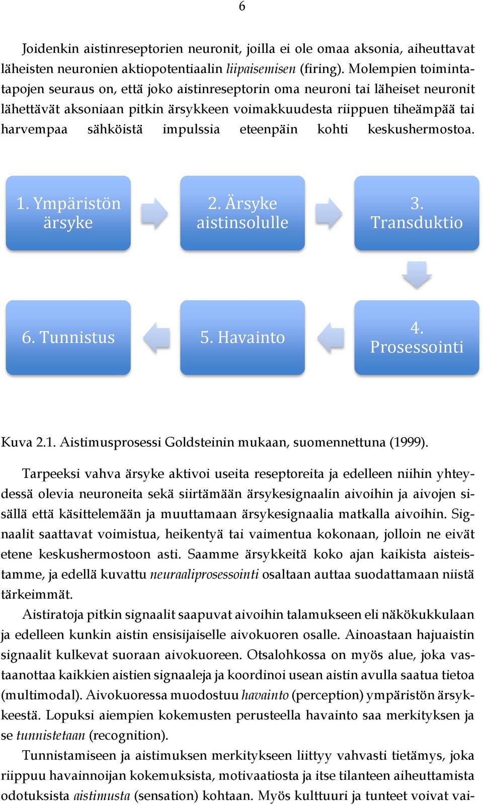 impulssia eteenpäin kohti keskushermostoa. 1. Ympäristön ärsyke 2. Ärsyke aistinsolulle 3. Transduktio 6. Tunnistus 5. Havainto 4. Prosessointi Kuva 2.1. Aistimusprosessi Goldsteinin mukaan, suomennettuna (1999).