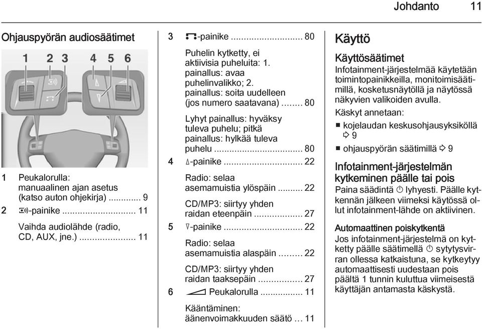 ..80 Lyhyt painallus: hyväksy tuleva puhelu; pitkä painallus: hylkää tuleva puhelu... 80 4 d-painike... 22 Radio: selaa asemamuistia ylöspäin... 22 CD/MP3: siirtyy yhden raidan eteenpäin.