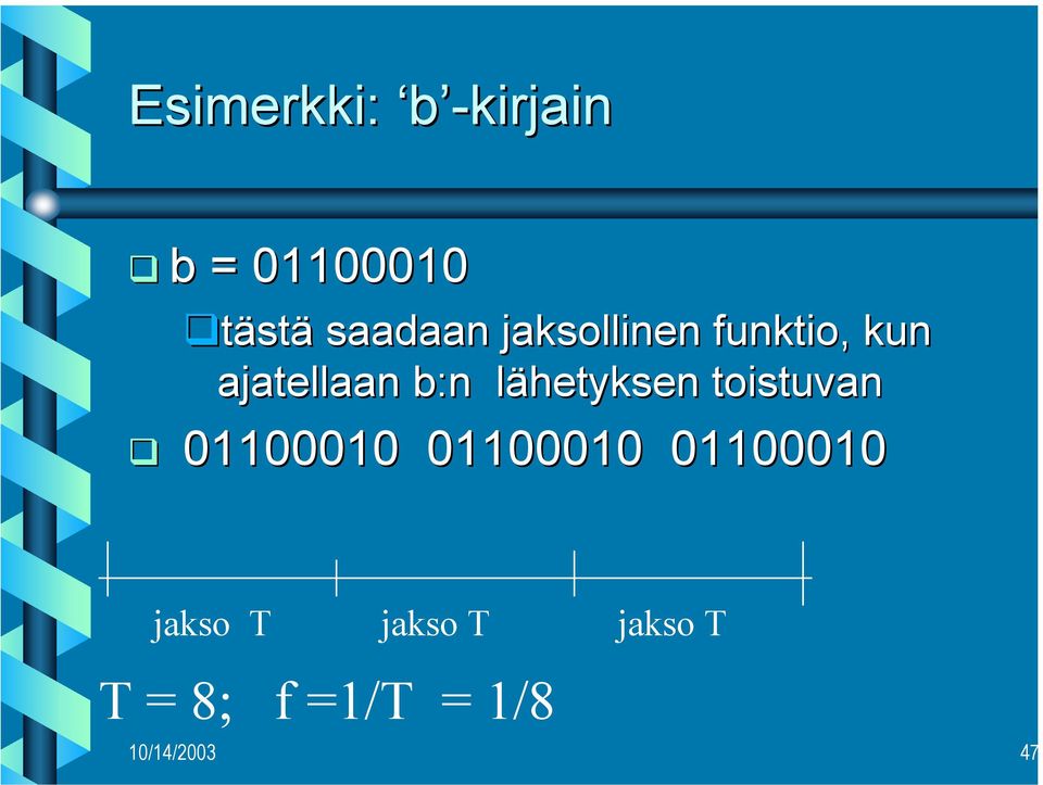 lähetyksen toistuvan 01100010 01100010 01100010