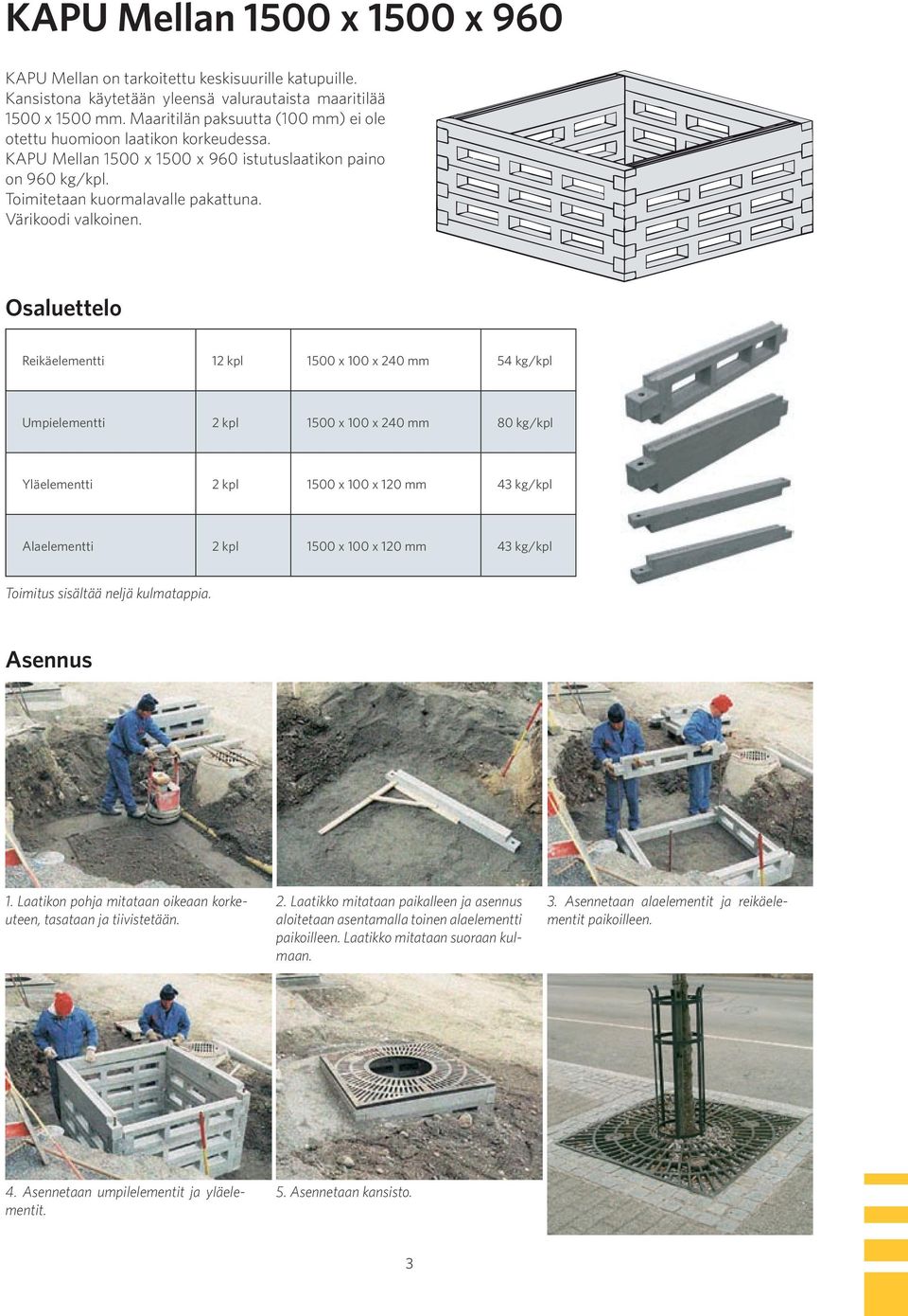 Osaluettelo Reikäelementti 12 kpl 1500 x 100 x 240 mm 54 kg/kpl Umpielementti 2 kpl 1500 x 100 x 240 mm 80 kg/kpl Yläelementti 2 kpl 1500 x 100 x 120 mm 43 kg/kpl Alaelementti 2 kpl 1500 x 100 x 120