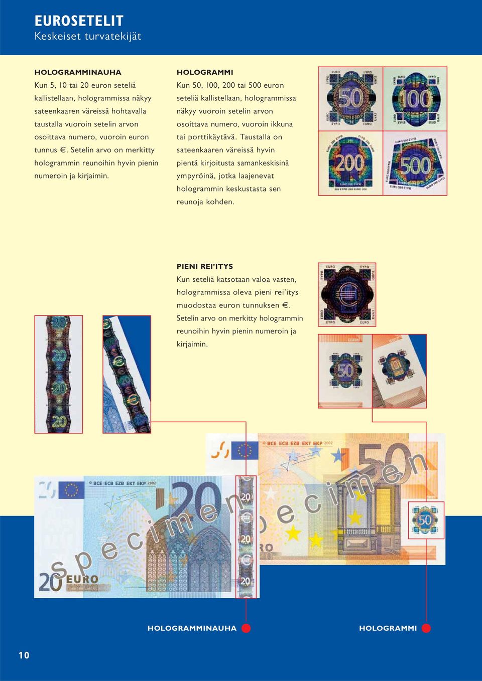 HOLOGRAMMI Kun 50, 100, 200 tai 500 euron seteliä kallistellaan, hologrammissa näkyy vuoroin setelin arvon osoittava numero, vuoroin ikkuna tai porttikäytävä.