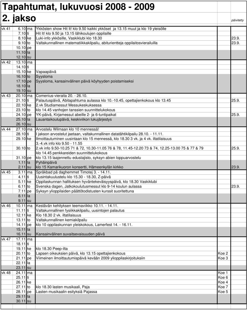 10 ke Vapaapäivä 16.10 to Syysloma 17.10 pe Syysloma, kansainvälinen päivä köyhyyden poistamiseksi 18.10 la 19.10 su vk 43 20.10 ma Comenius-vieraita 20. - 26.10. 21.