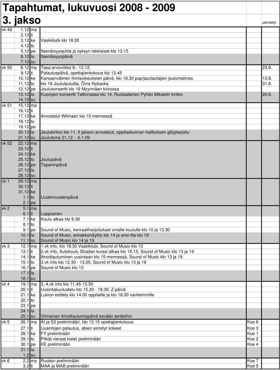 12 to klo 19 Joululauluilta, Övre Nybacka 31.8. 12.12 pe Joulukonsertti klo 19 Myyrmäen kirkossa 13.12 la Kuorojen konsertti Tallinnassa klo 14, Ruotsalainen Pyhän Mikaelin kirkko 20.8. 14.12 su vk 51 15.