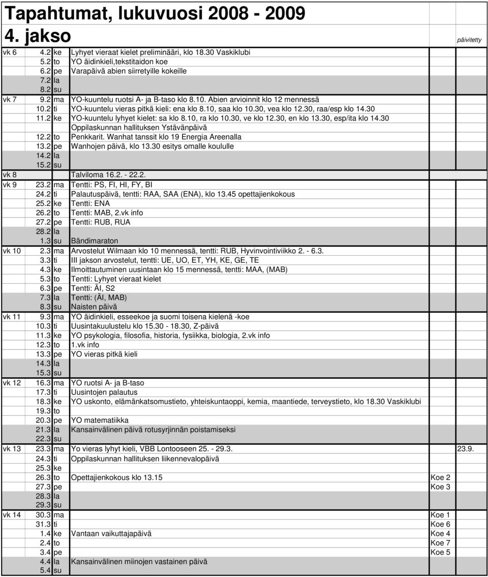 2 ke YO-kuuntelu lyhyet kielet: sa klo 8.10, ra klo 10.30, ve klo 12.30, en klo 13.30, esp/ita klo 14.30 Oppilaskunnan hallituksen Ystävänpäivä 12.2 to Penkkarit.