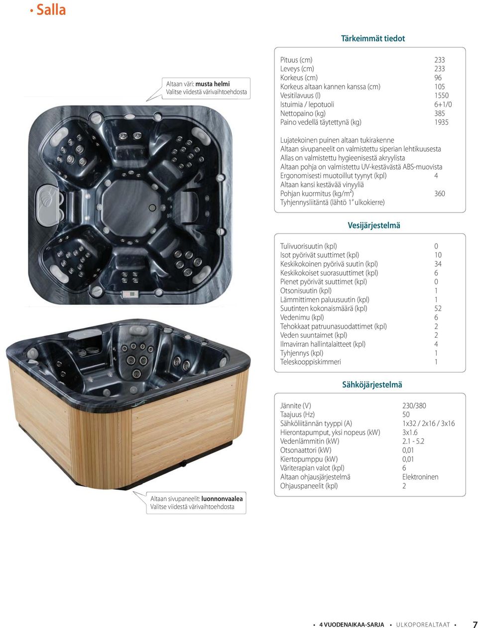 hygieenisestä akryylista Altaan pohja on valmistettu UV-kestävästä ABS-muovista Ergonomisesti muotoillut tyynyt (kpl) 4 Altaan kansi kestävää vinyyliä Pohjan kuormitus (kg/m2) 360 Tyhjennysliitäntä