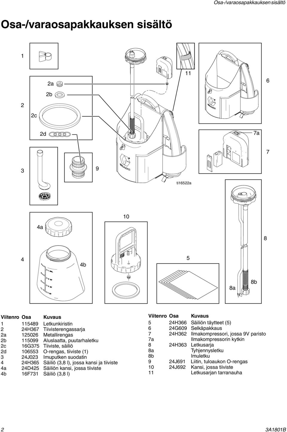 (3,8 l), jossa kansi ja tiiviste 4a 24D425 Säiliön kansi, jossa tiiviste 4b 16F731 Säiliö (3,8 l) Viitenro Osa Kuvaus 5 24H366 Säiliön täytteet (5) 6 24G609 Selkäpakkaus 7 24H362