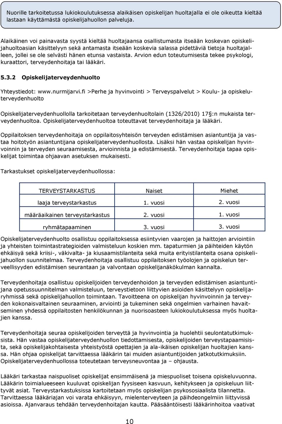 jollei se ole selvästi hänen etunsa vastaista. Arvion edun toteutumisesta tekee psykologi, kuraattori, terveydenhoitaja tai lääkäri. 5.3.2 Opiskelijaterveydenhuolto Yhteystiedot: www.nurmijarvi.