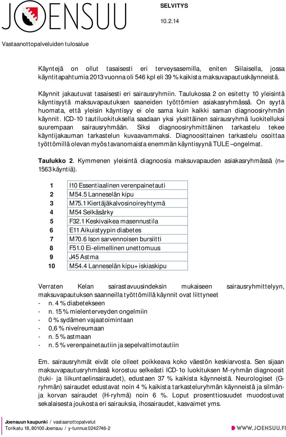 On syytä huomata, että yleisin käyntisyy ei ole sama kuin kaikki saman diagnoosiryhmän käynnit. ICD-10 tautiluokituksella saadaan yksi yksittäinen sairausryhmä luokitelluksi suurempaan sairausryhmään.