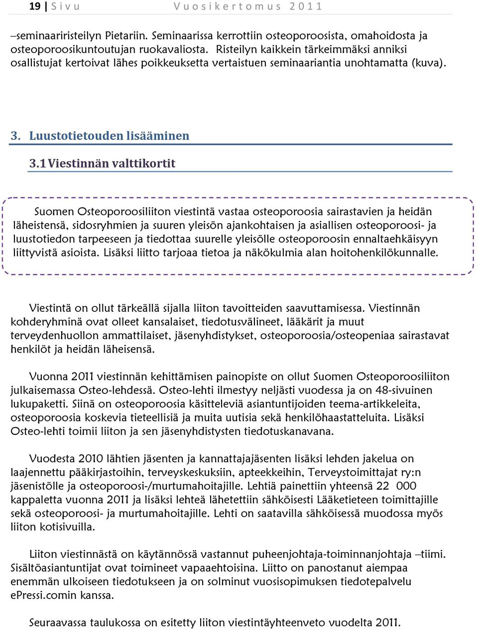 1 Viestinnän valttikortit Suomen Osteoporoosiliiton viestintä vastaa osteoporoosia sairastavien ja heidän läheistensä, sidosryhmien ja suuren yleisön ajankohtaisen ja asiallisen osteoporoosi- ja