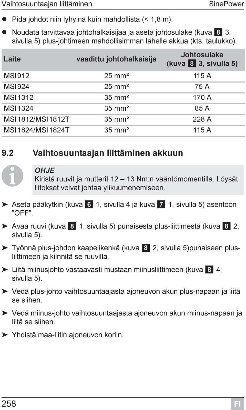 Laite vaadittu johtohalkaisija Johtosulake (kuva 8 3, sivulla 5) MSI912 25 mm² 115 A MSI924 25 mm² 75 A MSI1312 35 mm² 170 A MSI1324 35 mm² 85 A MSI1812/MSI1812T 35 mm² 228 A MSI1824/MSI1824T 35 mm²
