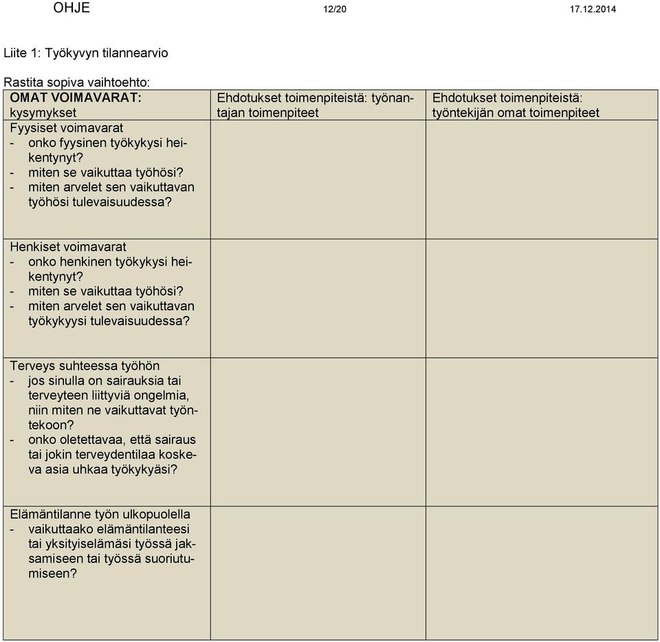 Ehdotukset toimenpiteistä: työnantajan toimenpiteet Ehdotukset toimenpiteistä: työntekijän omat toimenpiteet Henkiset voimavarat - onko henkinen työkykysi heikentynyt? - miten se vaikuttaa työhösi?