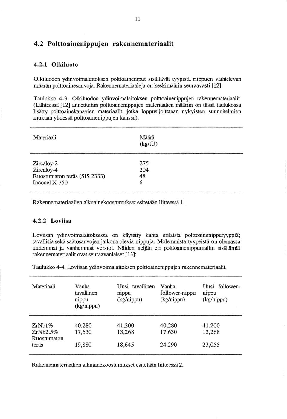 (Lähteessä [12] annettuihin polttoainenippujen materiaalien määriin on tässä taulukossa lisätty polttoainekanavien materiaalit, jotka loppusijoitetaan nykyisten suunnitelmien mukaan yhdessä