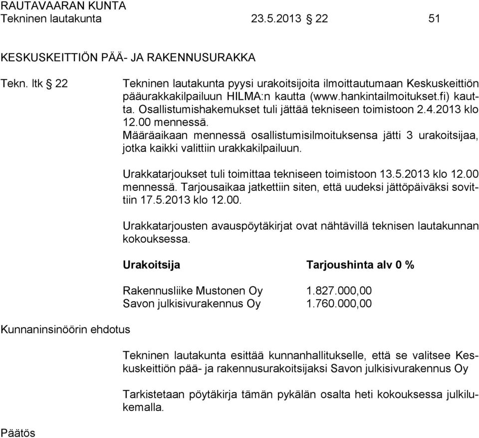 Määräaikaan mennessä osallistumisilmoituksensa jätti 3 urakoitsijaa, jotka kaikki valittiin urakkakilpailuun. Kunnaninsinöörin ehdotus Päätös Urakkatarjoukset tuli toimittaa tekniseen toimistoon 13.5.