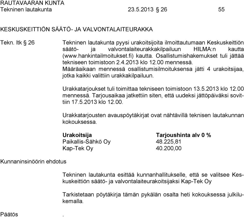 Osallistumishakemukset tuli jättää tekniseen toimistoon 2.4.2013 klo 12.00 mennessä. Määräaikaan mennessä osallistumisilmoituksensa jätti 4 urakoitsijaa, jotka kaikki valittiin urakkakilpailuun.