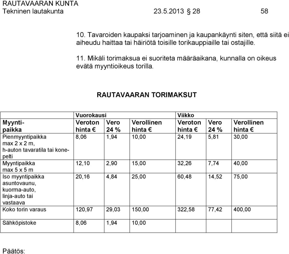 RAUTAVAARAN TORIMAKSUT Vuorokausi Viikko Myyntipaikka Veroton hinta Vero 24 % Verollinen hinta Veroton hinta Vero 24 % Verollinen hinta Pienmyyntipaikka 8,06 1,94 10,00 24,19 5,81 30,00 max