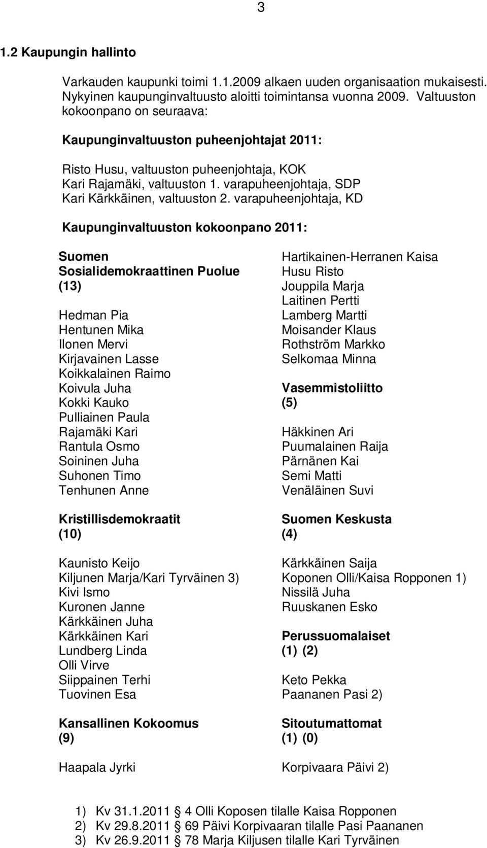 varapuheenjohtaja, KD Kaupunginvaltuuston kokoonpano 2011: Suomen Sosialidemokraattinen Puolue (13) Hedman Pia Hentunen Mika Ilonen Mervi Kirjavainen Lasse Koikkalainen Raimo Koivula Juha Kokki Kauko