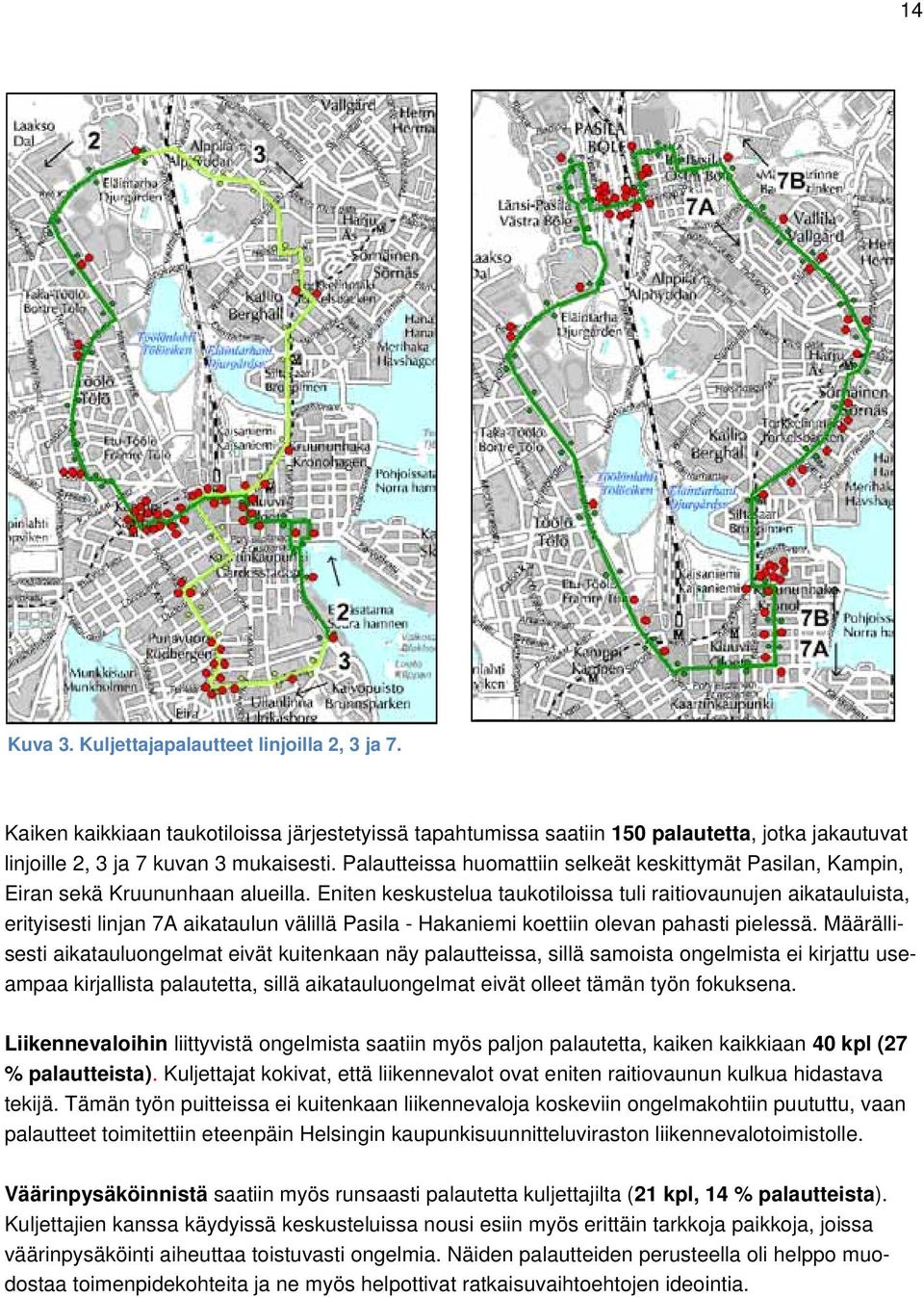 Eniten keskustelua taukotiloissa tuli raitiovaunujen aikatauluista, erityisesti linjan 7A aikataulun välillä Pasila - Hakaniemi koettiin olevan pahasti pielessä.