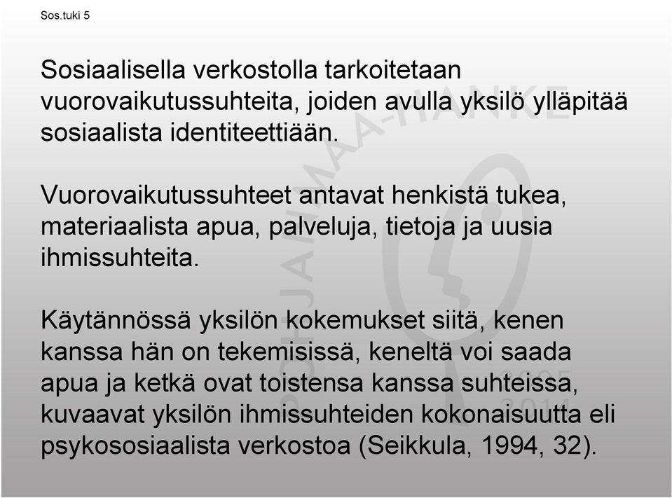 Vuorovaikutussuhteet antavat henkistä tukea, materiaalista apua, palveluja, tietoja ja uusia ihmissuhteita.