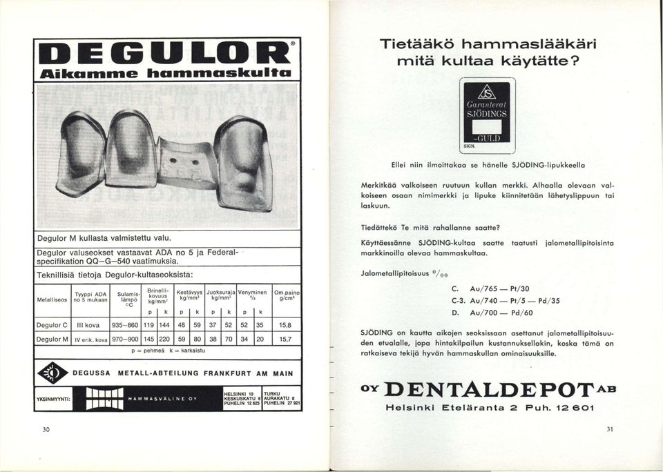 Alhaalla olevaan valkoiseen osaan nimimerkki ja lipuke kiinnitetään lähetyslippuun tai laskuun. Degulor M kullasta valmistettu valu.