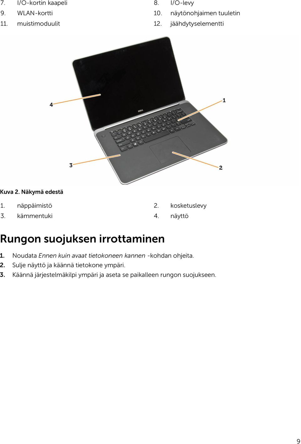 näyttö Rungon suojuksen irrottaminen 1. Noudata Ennen kuin avaat tietokoneen kannen -kohdan ohjeita. 2.