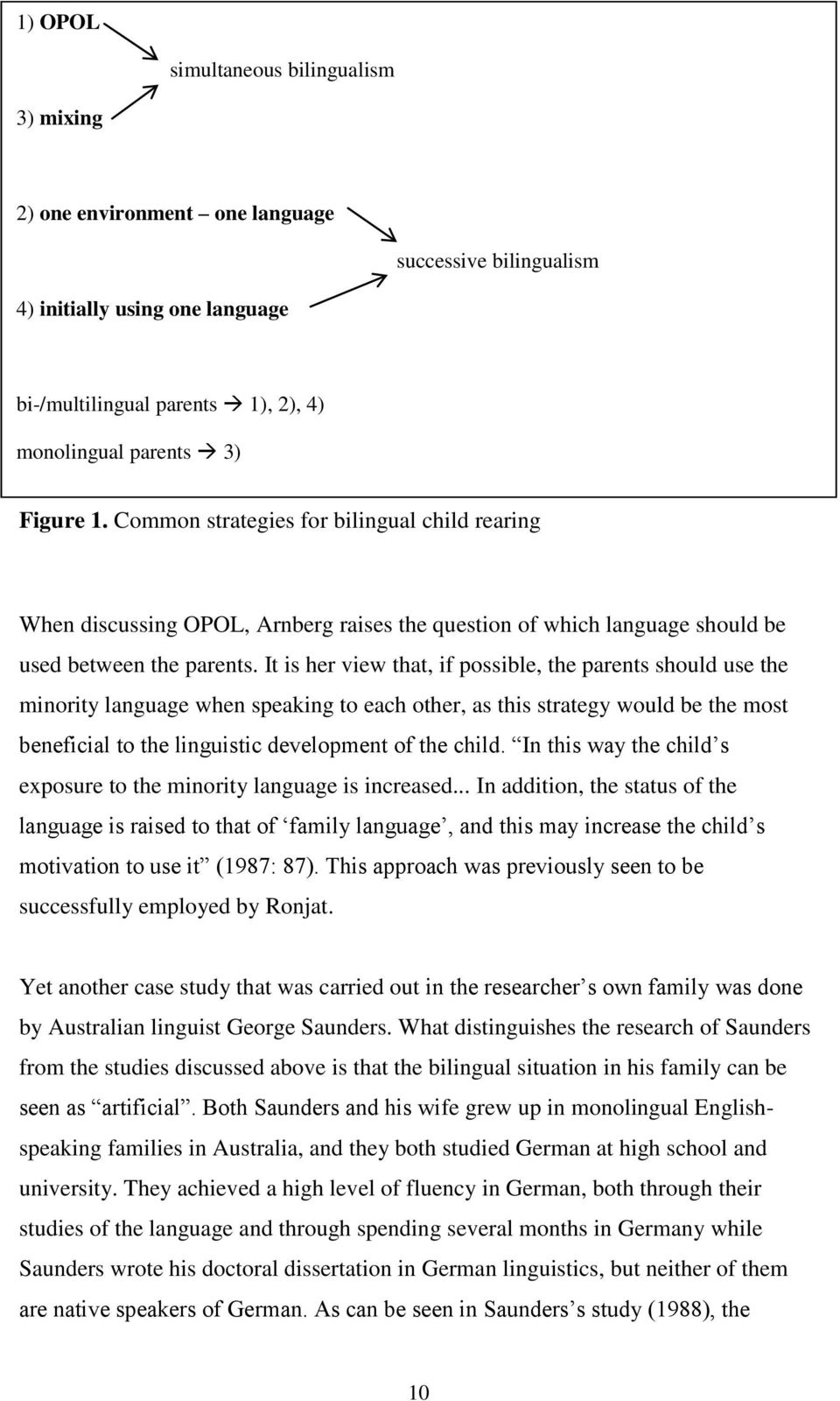 It is her view that, if possible, the parents should use the minority language when speaking to each other, as this strategy would be the most beneficial to the linguistic development of the child.