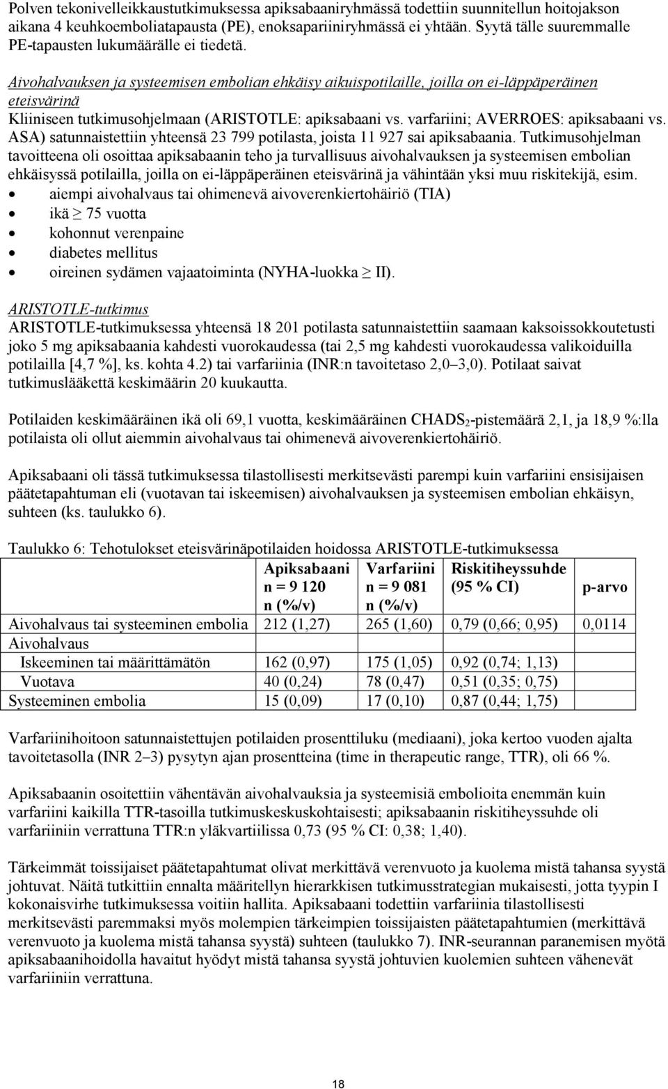 Aivohalvauksen ja systeemisen embolian ehkäisy aikuispotilaille, joilla on ei-läppäperäinen eteisvärinä Kliiniseen tutkimusohjelmaan (ARISTOTLE: apiksabaani vs. varfariini; AVERROES: apiksabaani vs.