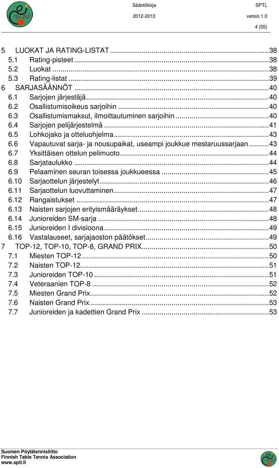 8 Sarjataulukko... 44 6.9 Pelaaminen seuran toisessa joukkueessa... 45 6.10 Sarjaottelun järjestelyt... 46 6.11 Sarjaottelun luovuttaminen... 47 6.12 Rangaistukset... 47 6.13 Naisten sarjojen erityismääräykset.