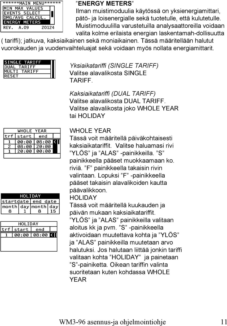 Tässä määritellään halutut vuorokauden ja vuodenvaihteluajat sekä voidaan myös nollata energiamittarit. Yksiaikatariffi (SINGLE TARIFF) Valitse alavalikosta SINGLE TARIFF.