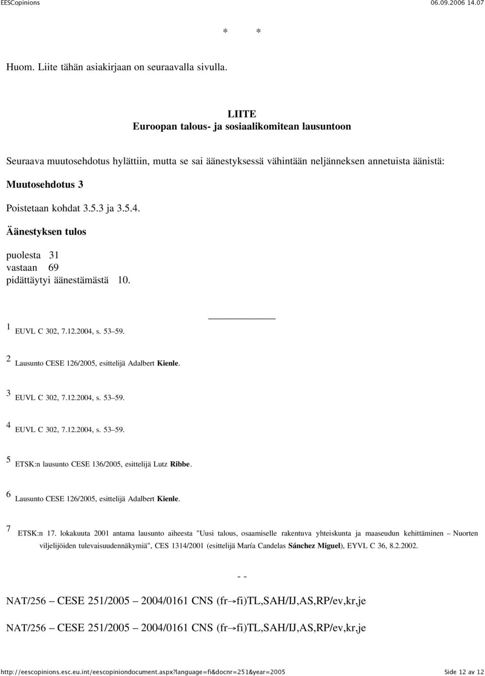 3 ja 3.5.4. Äänestyksen tulos puolesta 31 vastaan 69 pidättäytyi äänestämästä 10. 1 EUVL C 302, 7.12.2004, s. 53 59. 2 Lausunto CESE 126/2005, esittelijä Adalbert Kienle. 3 EUVL C 302, 7.12.2004, s. 53 59. 4 EUVL C 302, 7.