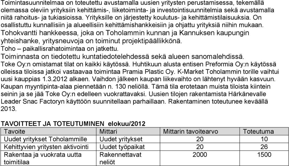 Tohokvantti hankkeessa, joka on Toholammin kunnan ja Kannuksen kaupungin yhteishanke, yritysneuvoja on toiminut projektipäällikkönä. Toho paikallisrahatoimintaa on jatkettu.