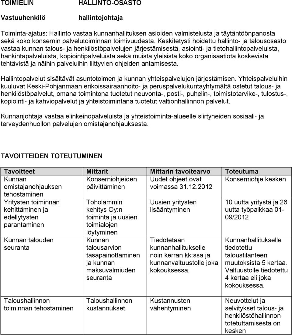 Keskitetysti hoidettu hallinto- ja talousosasto vastaa kunnan talous- ja henkilöstöpalvelujen järjestämisestä, asiointi- ja tietohallintopalveluista, hankintapalveluista, kopiointipalveluista sekä