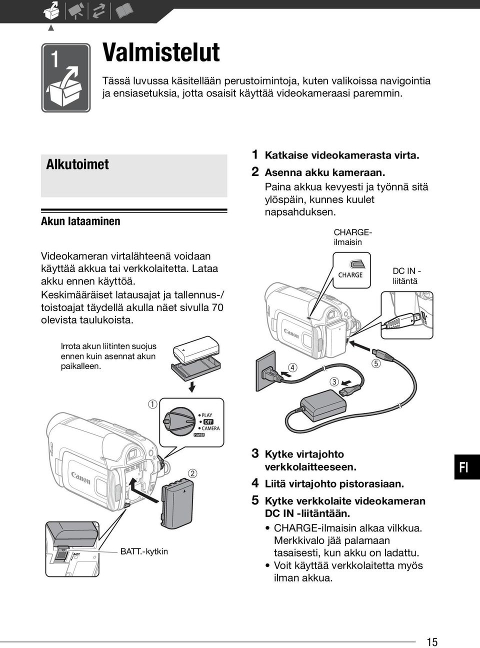 Keskimääräiset latausajat ja tallennus-/ toistoajat täydellä akulla näet sivulla 70 olevista taulukoista. 1 Katkaise videokamerasta virta. 2 Asenna akku kameraan.