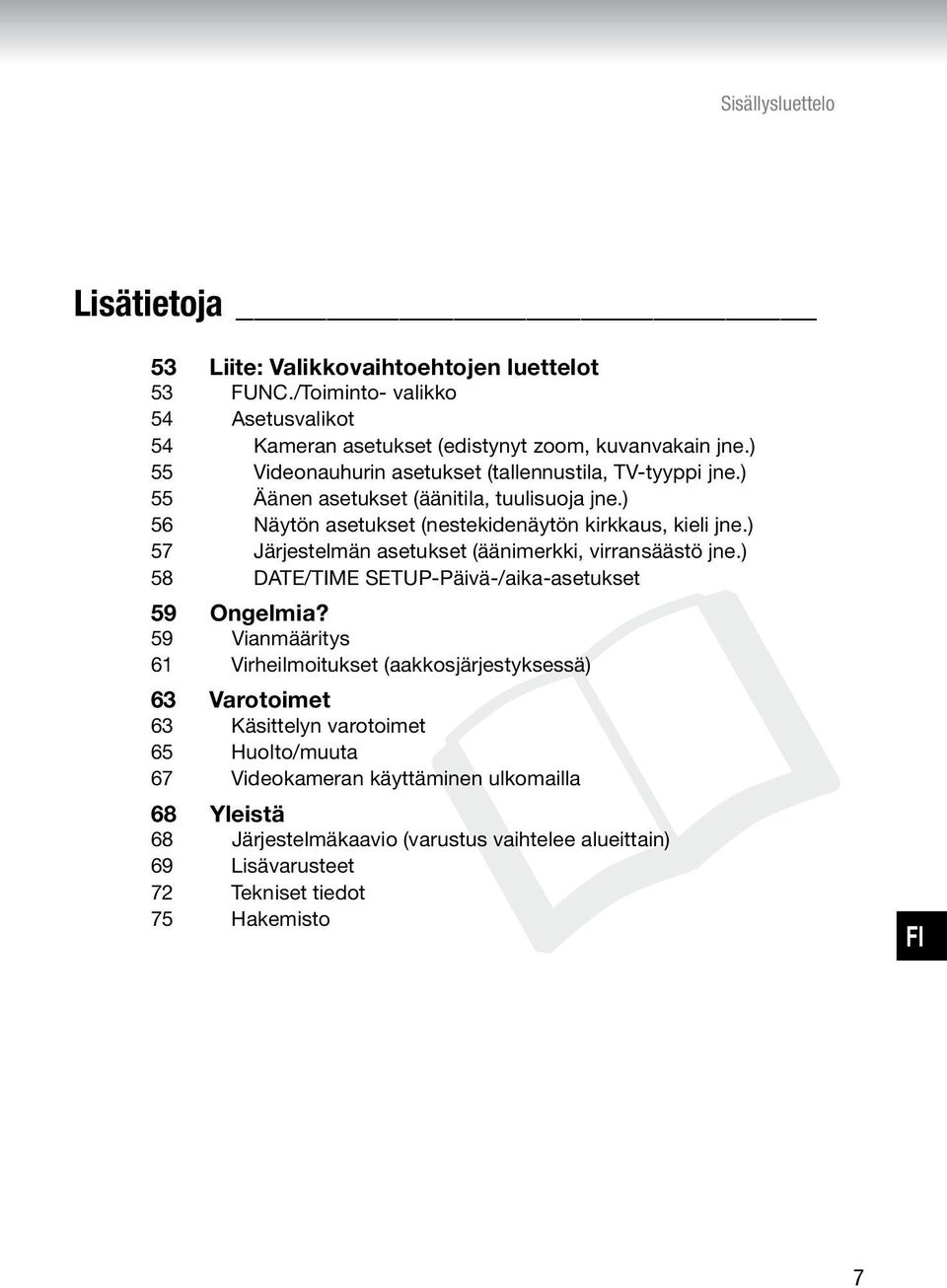 ) 57 Järjestelmän asetukset (äänimerkki, virransäästö jne.) 58 DATE/TIME SETUP-Päivä-/aika-asetukset 59 Ongelmia?