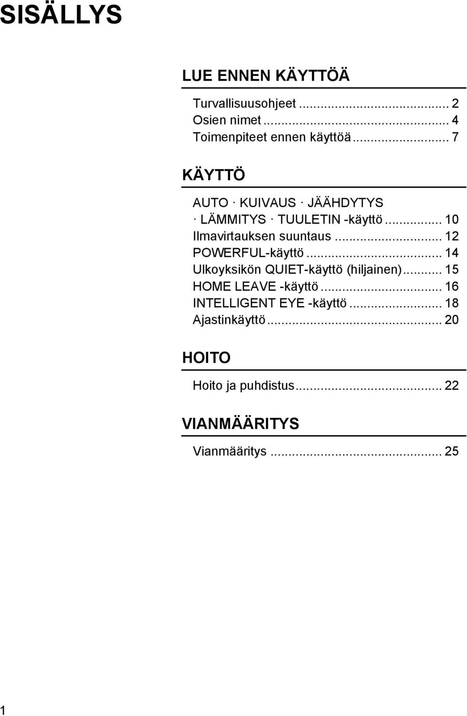 .. 12 POWERFUL-käyttö... 14 Ulkoyksikön QUIET-käyttö (hiljainen)... 15 HOME LEAVE -käyttö.