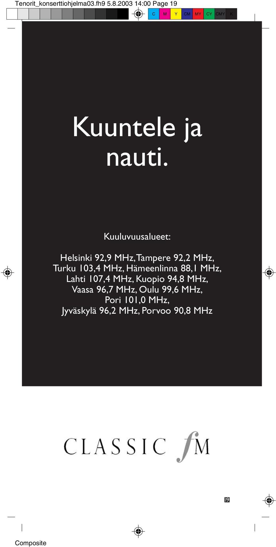 Hämeenlinna 88,1 MHz, Lahti 107,4 MHz, Kuopio 94,8 MHz, Vaasa 96,7 MHz,