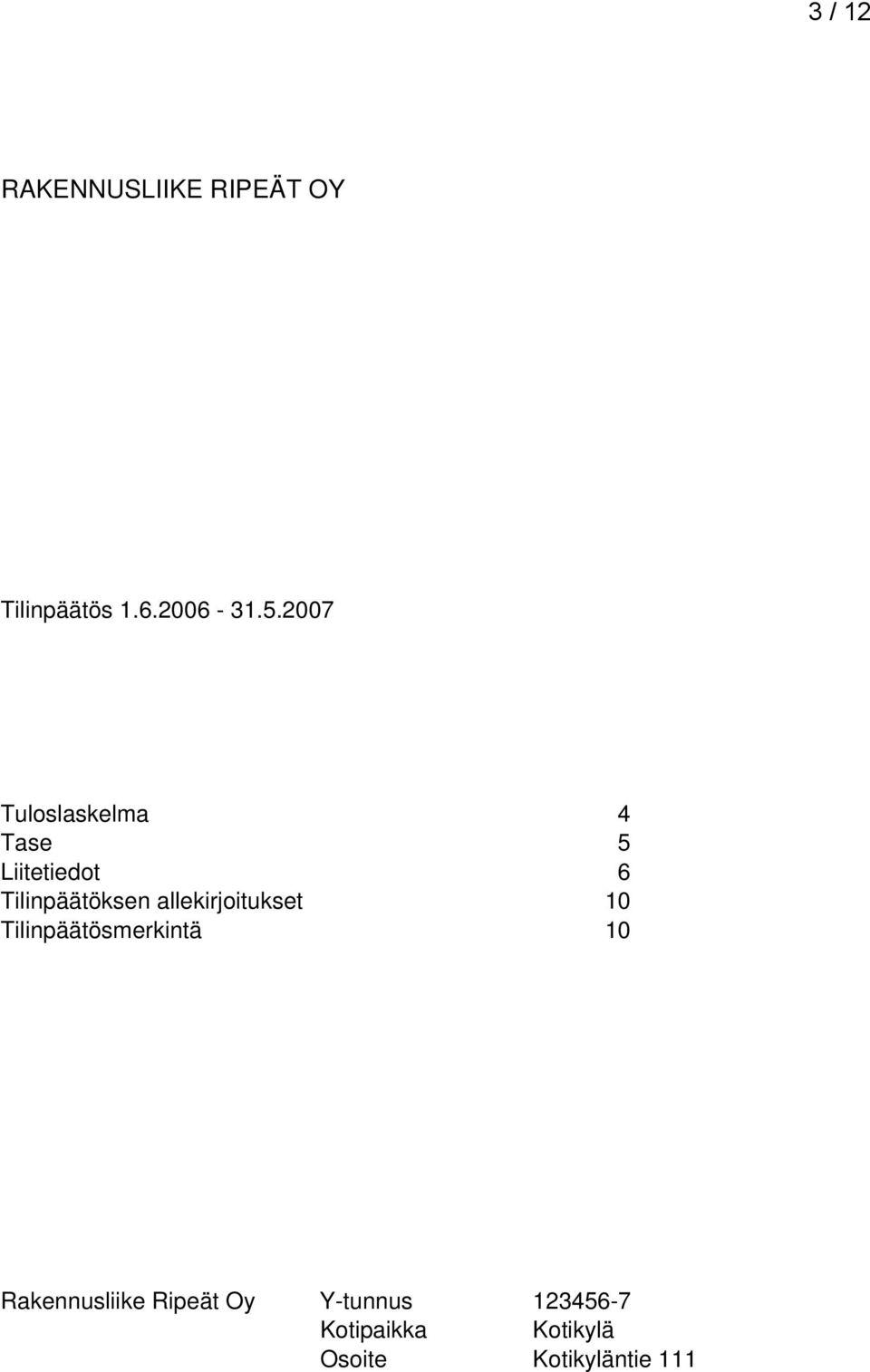 allekirjoitukset 10 Tilinpäätösmerkintä 10 Rakennusliike