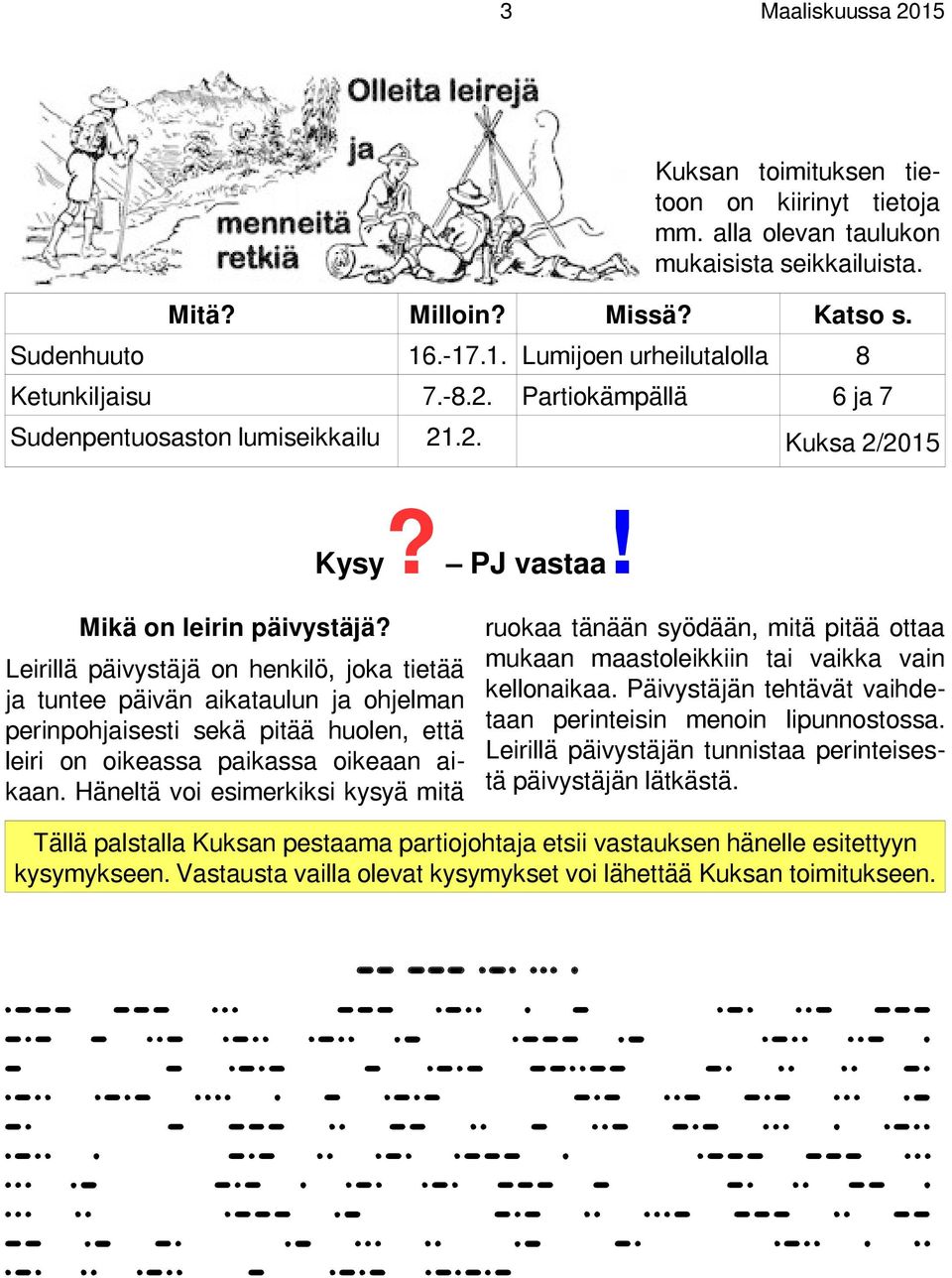 Leirillä päivystäjä on henkilö, joka tietää ja tuntee päivän aikataulun ja ohjelman perinpohjaisesti sekä pitää huolen, että leiri on oikeassa paikassa oikeaan aikaan.