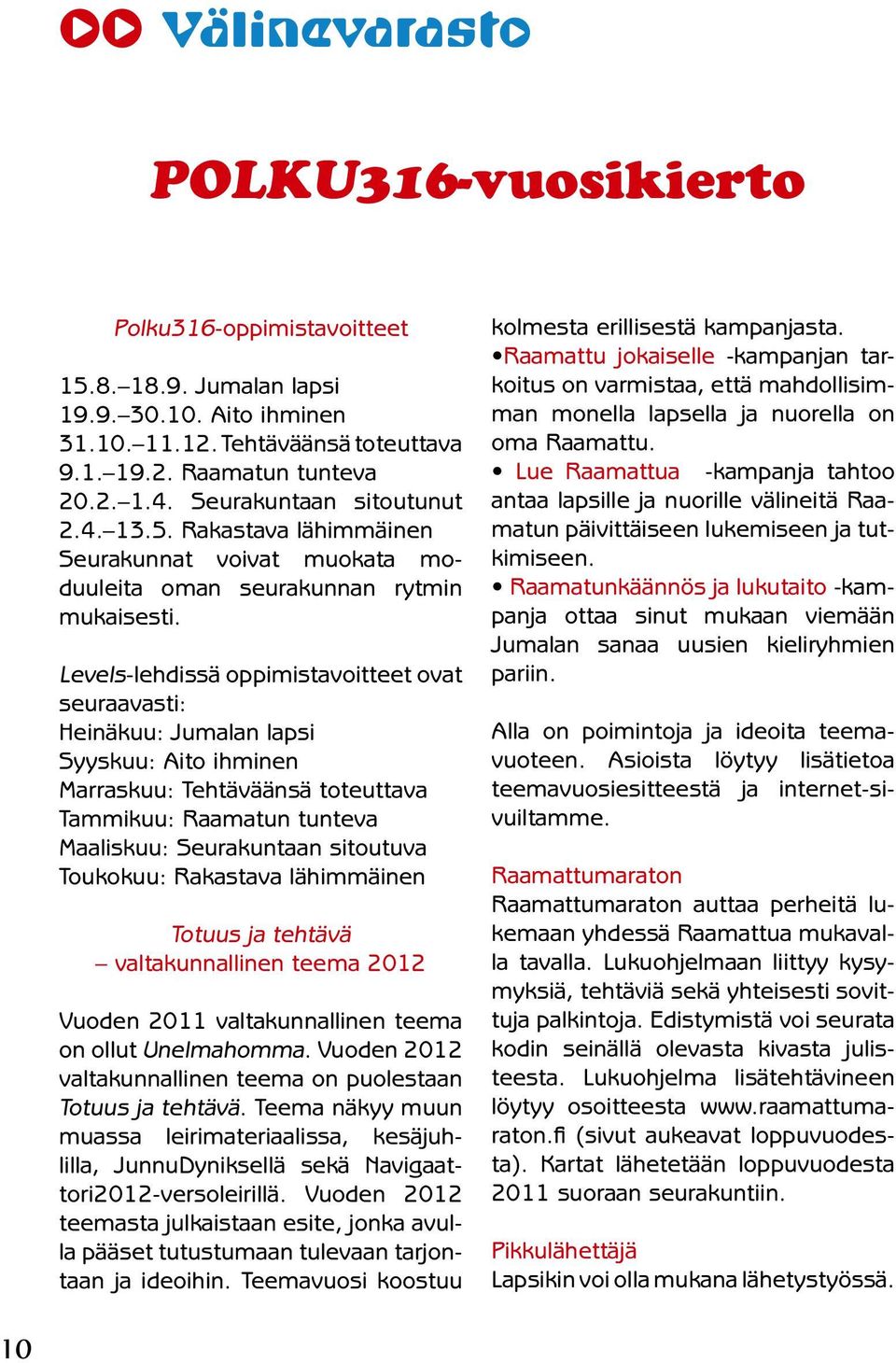 Levels-lehdissä oppimistavoitteet ovat seuraavasti: Heinäkuu: Jumalan lapsi Syyskuu: Aito ihminen Marraskuu: Tehtäväänsä toteuttava Tammikuu: Raamatun tunteva Maaliskuu: Seurakuntaan sitoutuva