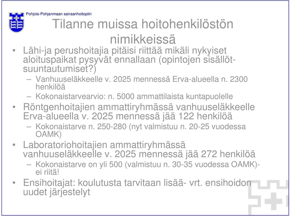 5000 ammattilaista kuntapuolelle Röntgenhoitajien ammattiryhmässä vanhuuseläkkeelle Erva-alueella v. 2025 mennessä jää 122 henkilöä Kokonaistarve n.