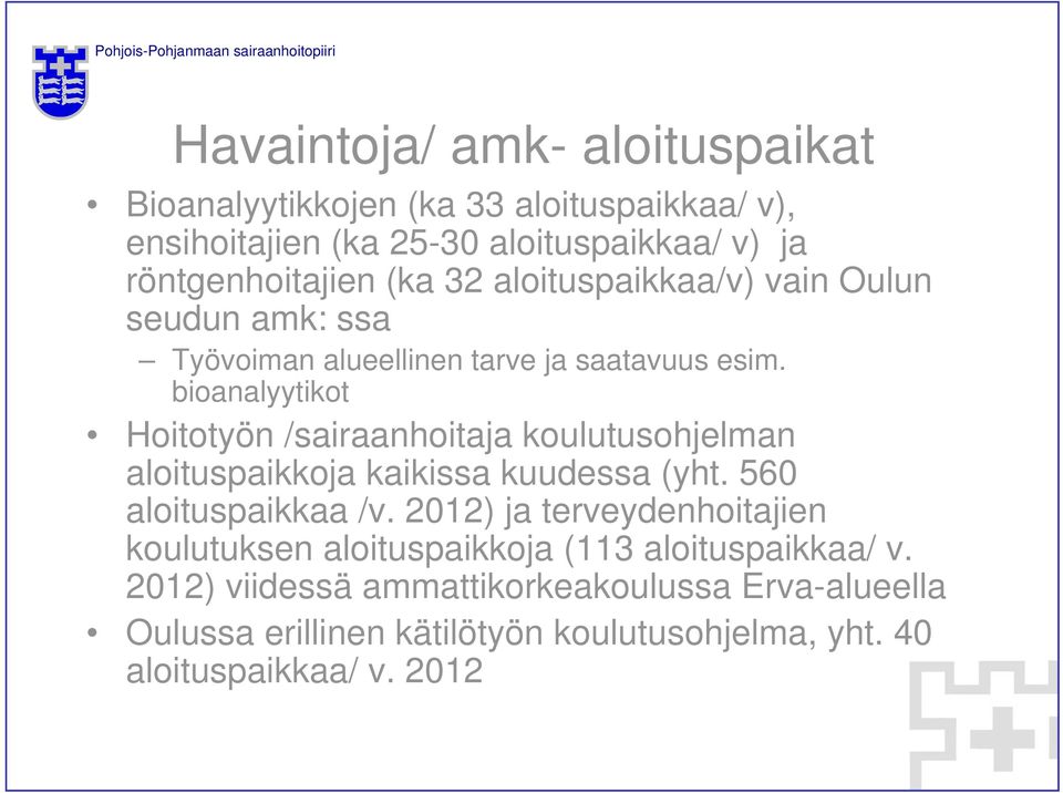 bioanalyytikot Hoitotyön /sairaanhoitaja koulutusohjelman aloituspaikkoja kaikissa kuudessa (yht. 560 aloituspaikkaa /v.
