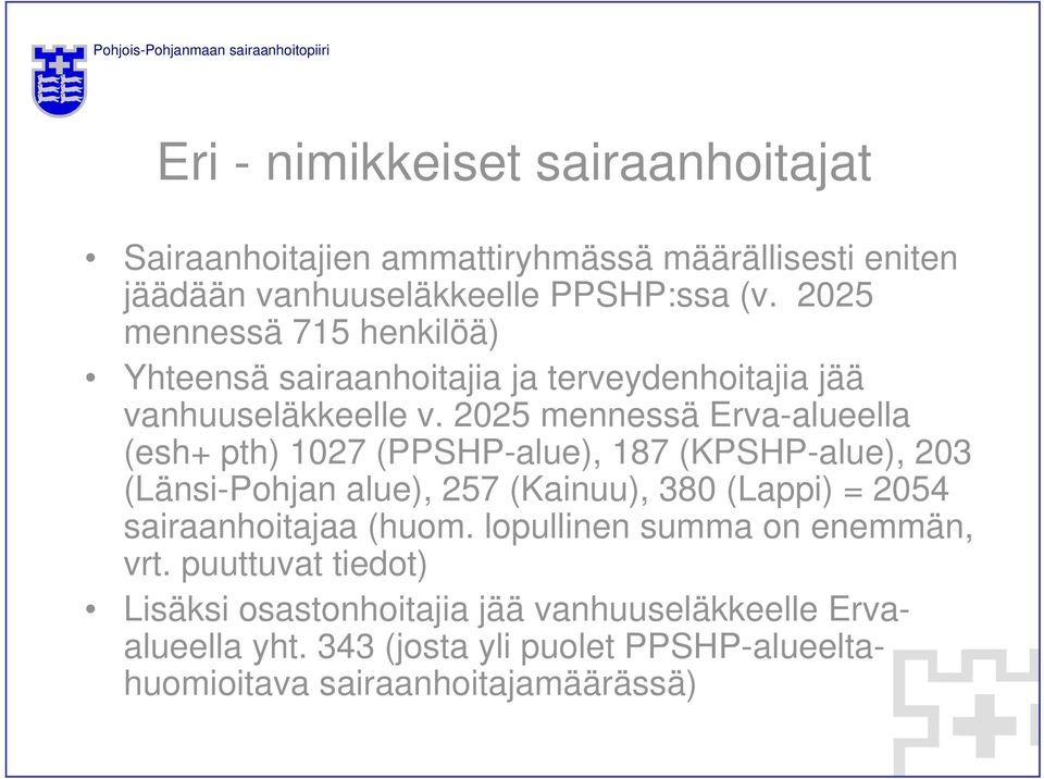 2025 mennessä Erva-alueella (esh+ pth) 1027 (PPSHP-alue), 187 (KPSHP-alue), 203 (Länsi-Pohjan alue), 257 (Kainuu), 380 (Lappi) = 2054