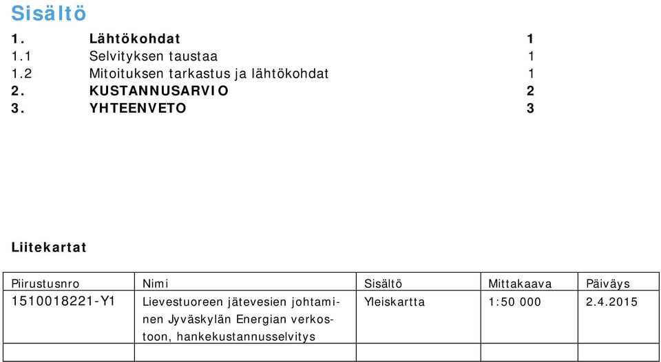 YHTEENVETO 3 Liitekartat Piirustusnro Nimi Sisältö Mittakaava Päiväys