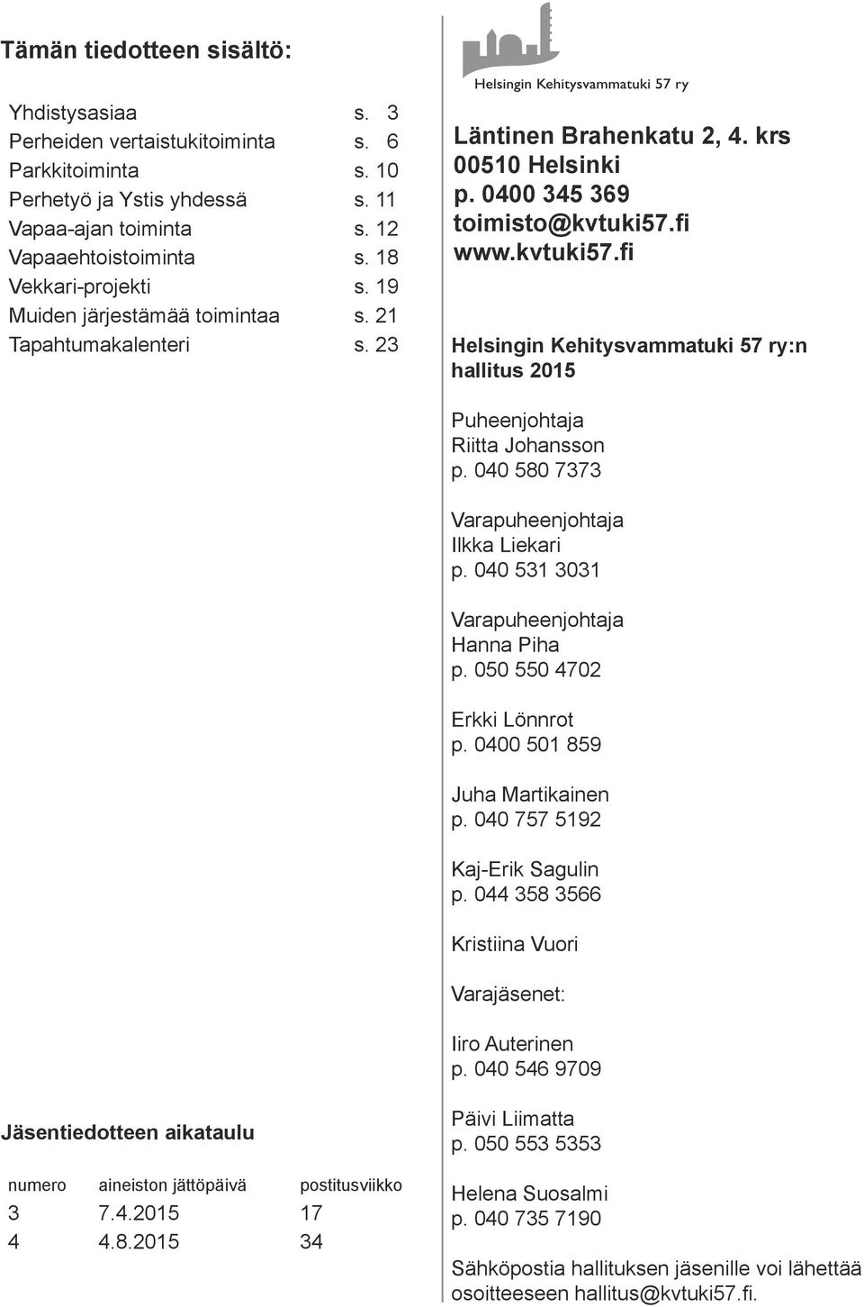 fi www.kvtuki57.fi Helsingin Kehitysvammatuki 57 ry:n hallitus 2015 Puheenjohtaja Riitta Johansson p. 040 580 7373 Varapuheenjohtaja Ilkka Liekari p. 040 531 3031 Varapuheenjohtaja Hanna Piha p.