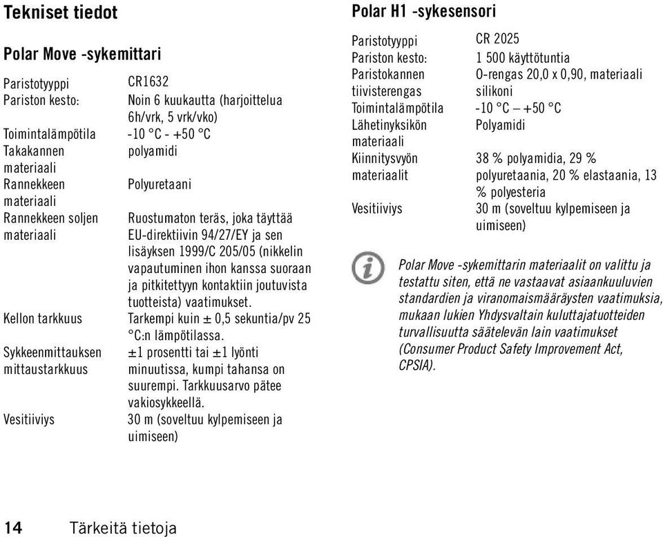 pitkitettyyn kontaktiin joutuvista tuotteista) vaatimukset. Kellon tarkkuus Tarkempi kuin ± 0,5 sekuntia/pv 25 C:n lämpötilassa.