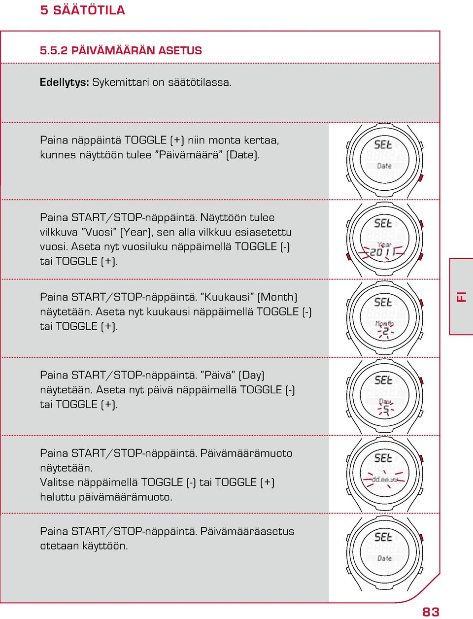 Kuukausi (Month) näytetään. Aseta nyt kuukausi näppäimellä TOGGLE (-) tai TOGGLE (+). FI Paina START/STOP-näppäintä. Päivä (Day) näytetään.