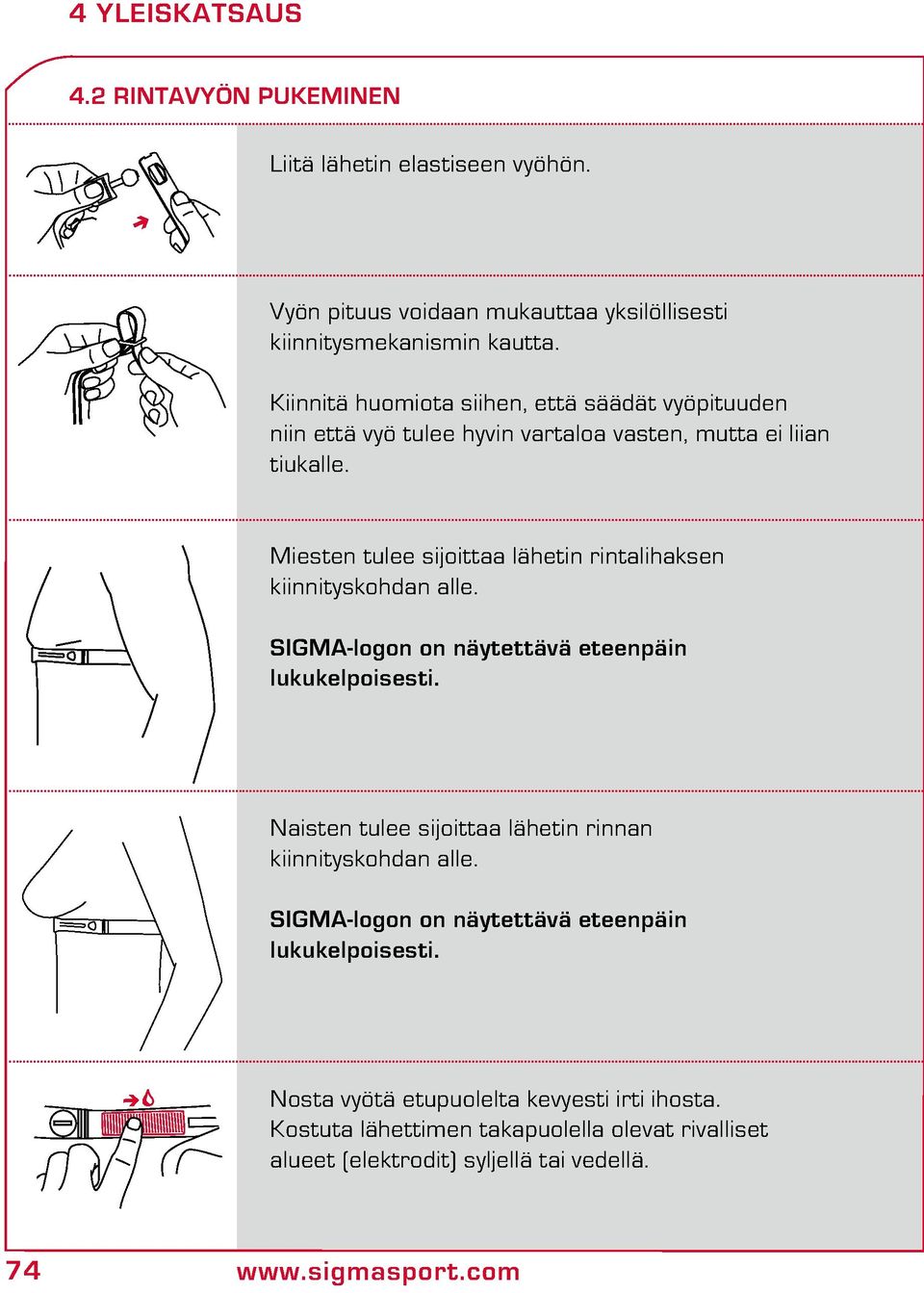 Miesten tulee sijoittaa lähetin rintalihaksen kiinnityskohdan alle. SIGMA-logon on näytettävä eteenpäin lukukelpoisesti.