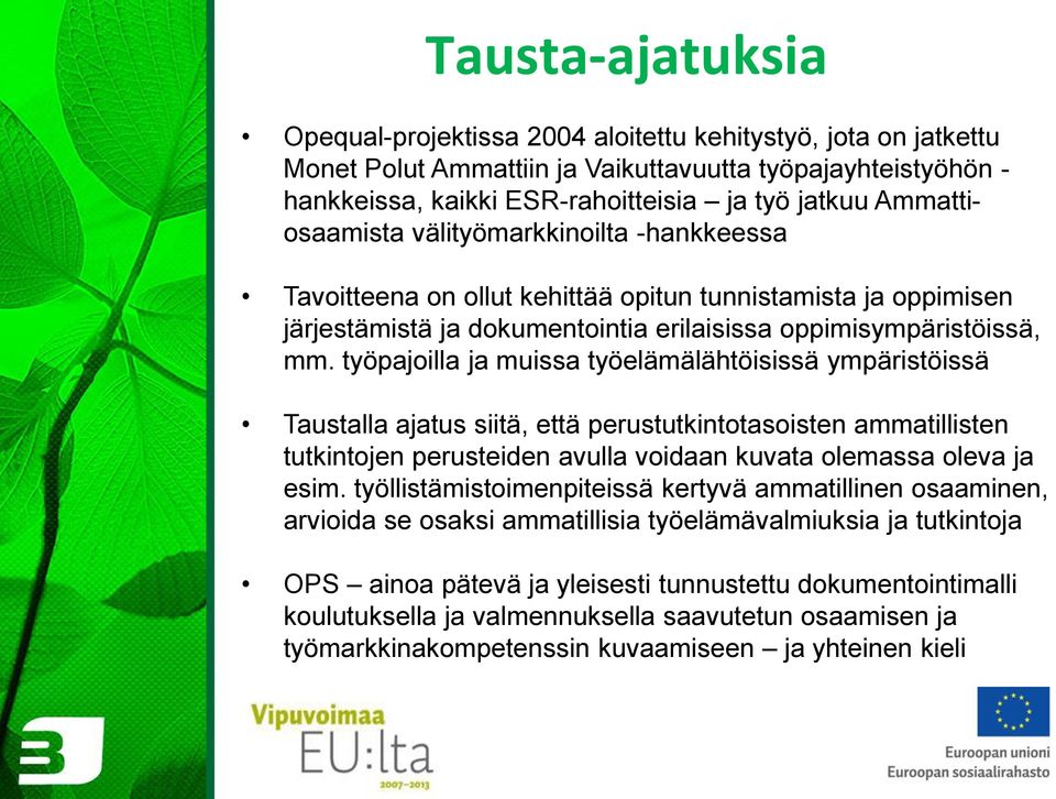 työpajoilla ja muissa työelämälähtöisissä ympäristöissä Taustalla ajatus siitä, että perustutkintotasoisten ammatillisten tutkintojen perusteiden avulla voidaan kuvata olemassa oleva ja esim.