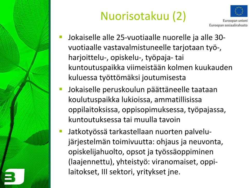 ammatillisissa oppilaitoksissa, oppisopimuksessa, työpajassa, kuntoutuksessa tai muulla tavoin Jatkotyössä tarkastellaan nuorten palvelujärjestelmän